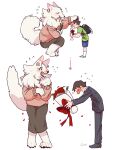  1boy 1girl aged_up animal_feet animal_hands backpack bag black_skirt black_suit blush body_fur bone bouquet brown_hair child claws cocri commentary_request confession dog_girl earrings falling_petals flower full_body furry furry_female furry_with_non-furry headpat hetero highres holding holding_bouquet hoop_earrings interspecies jewelry long_hair neck_fur necklace original petals pink_sweater red_flower red_rose rose sammy_(cocri) short_hair simple_background skirt suit sweater tail white_background white_fur white_hair yuki_(cocri) 