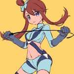  1girl ameiro_pk blue_eyes blue_gloves blue_shirt blue_shorts blush breasts crop_top eyebrows_visible_through_hair female fuuro_(pokemon) gloves hair_ornament hands_up long_sleeves looking_at_viewer maroon_hair medium_breasts midriff navel pokemon pokemon_(creature) pokemon_(game) pokemon_bw shirt shorts simple_background sketch solo standing sweat tied_hair whip yellow_background 