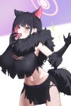  1girl absurdres after-school_sweets_club_(blue_archive) alternate_breast_size_(larger) animal_costume animal_ears arms_up black_claws black_gloves black_hair black_tail blue_archive blunt_bangs blush breasts cat_ears colored_inner_animal_ears colored_inner_hair commentary_request cowboy_shot eating extra_ears fake_claws food fur-trimmed_gloves fur_scarf fur_sleeves fur_trim gloves hair_behind_ear halloween_costume halo highres holding_macaron huge_breasts kazusa_(blue_archive) kazusa_(halloween)_(blue_archive) korean_commentary lir_(cuhc3357) macaron midriff multicolored_hair navel official_alternate_costume pink_hair pink_halo red_eyes short_hair sidelocks skirt solo sparkle sparkling_aura torn_clothes torn_skirt two-tone_background wolf_costume 