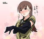  black_gloves blush brown_eyes brown_hair cherry_blossoms dated elbow_gloves eyebrows_visible_through_hair glove_pull gloves gradient gradient_background heavy_breathing kantai_collection long_hair neckerchief ooi_(kantai_collection) pink_background solo sweat translated trembling twitter_username upper_body vi3r6ein 