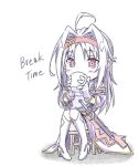  1girl ahoge armor asagi501 bare_shoulders blush boots breastplate chibi cup detached_sleeves drinking english_text fingerless_gloves full_body gloves hair_intakes hairband high_heel_boots high_heels highres holding holding_cup knee_boots leotard long_hair long_skirt long_sleeves merchandise_available messy_hair mug on_stool pointy_ears purple_armor purple_boots purple_gloves purple_hair purple_leotard purple_skirt purple_sleeves red_eyes red_hairband red_skirt scabbard sheath sheathed sidelocks simple_background sitting skirt solo stool sword sword_art_online two-tone_skirt weapon white_background yellow_trim yuuki_(sao) 