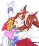  1girl :d animal_ears asagi501 ascot blue_eyes blue_shirt brown_hair buttons commentary_request double-breasted drop_shadow epaulettes flat_chest gloves hair_between_eyes hair_ribbon horse_ears horse_girl long_hair long_sleeves looking_at_viewer multicolored_hair pink_ascot pink_ribbon ponytail ribbon shirt simple_background single_epaulette smile solo streaked_hair tokai_teio_(peak_joy)_(umamusume) tokai_teio_(umamusume) two-tone_hair two-tone_shirt umamusume upper_body white_background white_gloves white_hair white_shirt 