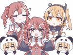  15tsugai 2girls :> a.i._voice adachi_rei ahoge animal_costume black_dress bow braid closed_eyes detached_sleeves dress drill_hair hair_between_eyes hair_ornament hair_ribbon hairclip hands_up headlamp highres index_finger_raised kasane_teto multiple_girls nise_chuugokugo_(utau) open_mouth orange_eyes orange_hair orange_trim panda_costume radio_antenna red_bow red_eyes red_hair red_tabard red_trim ribbon short_hair sidelocks star_(symbol) sweatdrop tabard twin_braids twin_drills utau veil white_background white_bow white_ribbon white_veil 