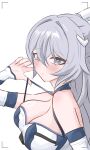  1girl blush breasts bronya_zaychik bronya_zaychik_(maximum_velocity) bronya_zaychik_(silverwing:_n-ex) chelimas_(arcalive) cleavage commentary_request grey_eyes grey_hair highres holding_strap honkai_(series) honkai_impact_3rd korean_commentary large_breasts long_hair looking_at_viewer official_alternate_costume simple_background solo tank_top very_long_hair white_background white_tank_top 