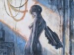  1girl ass bodysuit breasts bullpup commentary_request cropped_legs fujii_eishun ghost_in_the_shell gun highres holding holding_gun holding_weapon kusanagi_motoko looking_at_viewer medium_hair sideboob solo subdermal_port submachine_gun sunlight weapon 