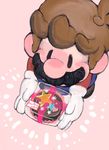  1boy ahoge black_eyes black_hair brown_hair cake gloves heart male_focus mario mustache nintendo overalls paper_mario short_hair solo star super_mario_bros. 