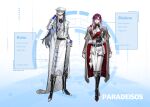 2girls adjusting_clothes adjusting_headwear ascot belt black_boots boots cape commentary_request full_body hat height highres military_hat military_uniform multiple_girls pants path_to_nowhere rahu_(path_to_nowhere) rasha_12280919 shalom_(path_to_nowhere) standing white_ascot white_pants 
