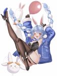  1girl :d ;d animal_ears armpits arms_up balloon black_gloves black_leotard black_pantyhose black_shoes blue_hair blue_jacket braid breasts carrot_hair_ornament colored_shoe_soles commentary_request don-chan_(usada_pekora) fishnet_pantyhose fishnets food-themed_hair_ornament full_body fur-trimmed_jacket fur_trim garter_straps gloves hair_ornament high_heels highleg highleg_leotard highres hikimayu holding holding_balloon hololive jacket leg_up leotard long_hair looking_at_viewer maison_de_cante multicolored_hair one_eye_closed open_mouth orange_eyes pantyhose pekomon_(usada_pekora) playboy_bunny rabbit-shaped_pupils rabbit_ears rabbit_girl rabbit_tail shoes short_eyebrows sidelocks simple_background small_breasts smile solo strapless strapless_leotard symbol-shaped_pupils tail teeth thick_eyebrows twin_braids two-tone_hair upper_teeth_only usada_pekora very_long_hair virtual_youtuber white_background white_hair 