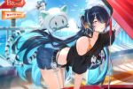  1girl animal_ears bent_over bikini black_hair black_shirt blue_bow blue_eyes blue_hair blue_shorts bow cloud earrings erina_makina hair_over_one_eye holding holding_with_tail hoop_earrings jewelry long_hair makinist_(erina_makina) mechanical_arms mihan_(mihan_art) mouth_hold multicolored_hair orange_bikini phase_connect prehensile_tail screwdriver shirt shorts sign single_mechanical_arm sky streaked_hair sweat swimsuit tail tail_bow tail_ornament tied_shirt tiger_ears tiger_girl tiger_tail virtual_youtuber wrench 