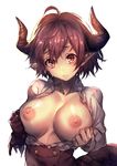  absurdres blush breasts brown_eyes collarbone dragon_horns dragon_tail eyebrows_visible_through_hair granblue_fantasy grea_(shingeki_no_bahamut) hair_between_eyes head_tilt high-waist_skirt highres horns large_breasts looking_at_viewer nipples open_clothes paid_reward patreon_reward patreon_username pointy_ears purple_hair redcomet shingeki_no_bahamut shirt short_hair simple_background skirt solo tail upper_body white_background white_shirt 