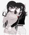  2girls bang_dream! bang_dream!_it's_mygo!!!!! black_choker black_hair black_jacket black_nails blue_eyes choker closed_mouth earrings grey_background grey_skirt grey_sweater hand_on_another's_waist hands_on_another's_waist heart highres holding holding_leash jacket jewelry leash long_hair multiple_girls purple_eyes red_shirt shiina_taki shirt simple_background skirt sweater yahata_umiri yuri zikiki1092 
