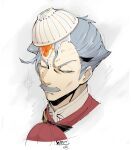  1boy annoyed ascot bowl cheekbones closed_eyes commentary_request egg_(food) facial_hair fate/grand_order fate_(series) food food_on_hair grey_hair james_moriarty_(archer)_(fate) male_focus mojaranmo mustache red_ascot sideburns signature solo 