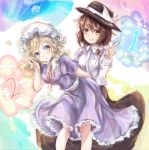  2girls black_hat black_skirt blonde_hair blue_eyes blush bow breast_pocket brown_eyes brown_hair collared_dress collared_shirt commentary contrast_collar dress finger_counting frilled_dress frills hair_bow hat hat_bow highres long_hair long_skirt long_sleeves maribel_hearn medium_hair mob_cap multiple_girls neck_ribbon open_mouth pocket purple_dress red_ribbon ribbon sash shirt short_sleeves skirt sparkle teeth touhou upper_teeth_only usami_renko uwazumi white_bow white_hat white_sash white_shirt 