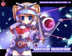  1girl armor blue_eyes brown_hair earmuffs gun holding holding_gun holding_weapon kamen_rider kamen_rider_kabuto kamen_rider_kabuto_(masked_form) kamen_rider_kabuto_(series) kazuu laser laser_pointer_projection long_hair lowres one-piece_swimsuit rider-tan rider_belt rider_belt_(kabuto) swimsuit twintails visor_cap weapon white_armor 
