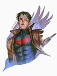  1boy batman_(series) batman_symbol black_hair blue_eyes bodysuit brown_jacket commentary dagobebek dc_comics grey_bodysuit highres jacket jason_todd male_focus multicolored_bodysuit muscular muscular_male open_clothes red_hood_(dc) red_hood_and_the_outlaws short_hair superhero_costume taut_bodysuit two-tone_bodysuit untranslatable_commentary western_comics_(style) 