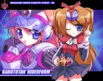  2girls armor black_skirt blue_eyes brown_hair dual_persona earmuffs hand_up kamen_rider kamen_rider_kabuto kamen_rider_kabuto_(masked_form) kamen_rider_kabuto_(series) kazuu long_hair lowres multiple_girls one_eye_closed pointing pointing_up red_armor rider-tan rider_belt rider_belt_(kabuto) skirt twintails visor_cap 