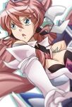  1girl absurdres aqua_eyes aqua_outline blurry blurry_foreground breasts cleavage commentary_request double-parted_bangs floating_hair hair_between_eyes hair_ears headgear highres holding large_breasts long_hair magical_girl maria_cadenzavna_eve open_mouth outline pink_hair senki_zesshou_symphogear simple_background solo symphogear_pendant upper_body user_pfpf4522 wavy_sidelocks weapon white_background 
