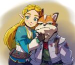  1boy 1girl blonde_hair blue_eyes blue_tunic braid commentary copyright_request crown_braid fox_boy fox_mccloud furry furry_male green_eyes petting pointy_ears power_suit_(metroid) princess_zelda scouter serious star_fox stup-jam the_legend_of_zelda tunic varia_suit zero_suit 