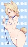  animal_ears bangs bare_arms bare_shoulders bikini blue_background blue_collar blush brown_eyes closed_mouth collar commentary_request dog_collar dog_ears dog_girl dog_tail eyebrows_visible_through_hair holding holding_leash idolmaster idolmaster_cinderella_girls leash light_brown_hair long_hair looking_away looking_to_the_side morikubo_nono navel ringlets romaji solo sweat swimsuit tail ushi white_bikini 