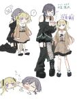  1girl 2girls bang_dream! bang_dream!_our_notes black_choker black_dress black_ribbon blonde_hair brown_dress choker commentary_request dress fishnet_pantyhose fishnets green_eyes grey_hair hair_ribbon hakochi_yuu long_hair long_sleeves looking_at_viewer medium_hair multiple_girls o-ring o-ring_choker off-shoulder_dress off_shoulder open_mouth pantyhose purple_eyes ribbon shinomiya_shizuku shirt simple_background single_leg_warmer socks solo two_side_up white_background yakura_yomogi 