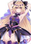  1girl armpits arms_up bare_shoulders blonde_hair blush breasts cameltoe commentary cure_arcana_shadow gloves hair_intakes highres kutan leotard long_hair magical_girl meitantei_precure! moria_luluka precure purple_eyes purple_leotard purple_thighhighs solo thighhighs white_gloves 