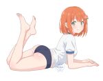  1girl artist_logo ass bare_legs barefoot blue_buruma blush breasts buruma commentary crossed_ankles feet feet_up food-themed_hair_ornament green_eyes gym_shirt gym_uniform hair_ornament highres legs logo looking_at_viewer lying momonosumikko on_stomach orange_hair original peach_hair_ornament shirt simple_background smile solo the_pose toenails toes untranslatable_commentary white_background white_shirt 