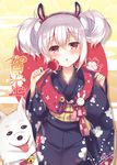  :o azur_lane bangs bell blush candy_apple chinese_zodiac commentary_request contrapposto cowboy_shot dog food hair_between_eyes hairband hands_up head_tilt highres holding japanese_clothes jingle_bell kimono laffey_(azur_lane) looking_at_viewer new_year obi sash short_hair silver_hair solo standing suzune_rena twintails year_of_the_dog 