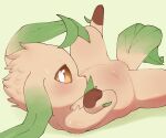  2025 6:5 ambiguous_feral ambiguous_gender blush bodily_fluids brown_body brown_fur brown_sclera digital_drawing_(artwork) digital_media_(artwork) eeveelution feral fur fur_tuft generation_4_pokemon glistening glistening_body green_background head_tuft hi_res leaf leaf_ears leaf_hair leaf_tail leafeon leg_markings looking_at_viewer looking_back looking_back_at_viewer lying markings navel nintendo on_back paws plant plant_hair pokemon pokemon_(species) pseudo_hair quadruped rear_view shaded simple_background socks_(marking) soft_shading solo sweat tail tan_body tan_fur tuft yirus9 