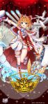  1girl absurdres arm_up baizu_(guszx) bird blue_eyes blush boots bow breasts character_name cloak curtains full_body fur-trimmed_cloak fur_trim gloves hair_intakes half_updo hat highres kamome_narumi leg_up lips looking_at_viewer medium_breasts miniskirt official_art official_wallpaper open_mouth orange_hair outstretched_arm red_cloak sailor sailor_hat seagull shironeko_project skirt sleeveless smile solo splatter standing standing_on_one_leg thigh_strap thighs tiara white_gloves 
