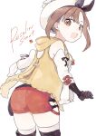  1girl ark_kan ass atelier_(series) atelier_ryza atelier_ryza_1 breasts brown_eyes brown_hair character_name commentary detached_sleeves gloves hat hood hood_down looking_at_viewer looking_back open_mouth red_shorts reisalin_stout short_shorts shorts simple_background single_glove solo teeth thighhighs upper_teeth_only white_background white_hat white_sleeves white_thighhighs 