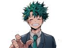  1boy ^_^ aged_up aqua_hair blonde_streaks blue_jacket blue_necktie blue_streaks boku_no_hero_academia chiyaya closed_eyes collared_shirt curtained_hair eyebrows_hidden_by_hair facing_viewer freckles grey_shirt grin hand_up happy happy_tears highres jacket lapels male_focus messy_hair midoriya_izuku multicolored_hair multiple_pov multiple_scars necktie notched_lapels parted_bangs pov raised_inner_eyebrows reaching reaching_towards_viewer scar scar_on_cheek scar_on_face scar_on_hand shirt short_hair simple_background smile solo spoilers straight-on streaked_hair tearing_up tears upper_body white_background wing_collar 