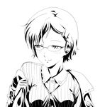  blush chounan glasses godou_tsugumi greyscale hair_ornament hairclip jacket monochrome shirt short_hair smile solo striped striped_shirt tokimeki_memorial tokimeki_memorial_4 upper_body 