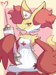 3_fingers absurd_res anthro big_ears cel_shading cheek_tuft clothing colored delphox digital_drawing_(artwork) digital_media_(artwork) facial_tuft female fingers fur generation_6_pokemon hat headgear headwear hi_res holding_object inner_ear_fluff komanyachi looking_at_viewer markings multicolored_body multicolored_fur nintendo nurse_clothing nurse_hat nurse_headwear nurse_uniform orange_eyes pokemon pokemon_(species) red_body red_fur red_nose shaded smile snout solo tail tuft uniform white_markings yellow_body yellow_fur