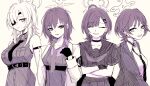  4girls bare_shoulders black_choker black_hair blue_archive breasts choker dress_over_shirt eyepatch fantomyu fuyu_(blue_archive) gloves hair_ornament hairclip halo highres ichika_(blue_archive) jacket large_breasts long_hair medium_hair mole multiple_girls necktie prototype_design school_uniform shirt short_hair sleeveless sleeveless_shirt subaru_(blue_archive) suou_(blue_archive) white_shirt wolf_cut 
