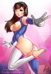  adapted_costume areolae artist_name ass breast_cutout breasts breasts_out brown_hair d.va_(overwatch) elbow_gloves feet from_behind headphones long_hair nipples no_shoes one_eye_closed overwatch parted_lips renardart thighhighs toes v web_address whisker_markings wink 