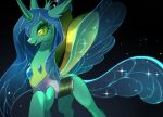  :d animal animal_focus black_background blue_gem blue_hair blue_tail blue_wings borrowed_design choco_hosikawa chromatic_aberration colored_sclera colored_skin commentary_request eyeshadow fang feet_out_of_frame gem green_eyes green_eyeshadow green_sclera green_skin light_particles long_hair looking_at_viewer makeup my_little_pony my_little_pony:_friendship_is_magic no_humans open_mouth queen_chrysalis see-through_hair simple_background skin_fang slit_pupils smile sparkle straight_hair transparent_wings tsurime very_long_hair winged_unicorn wings 