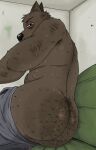 anthro armpit_hair big_butt black_nose bodily_fluids body_hair bottomwear bottomwear_down brown_body brown_fur butt butt_hair canid canine canis clothed clothing eyebrows fur furniture grey_clothing hairy half-closed_eyes happy_trail hi_res inside looking_at_viewer looking_back male male_anthro mammal monotone_body musclegut muscular muscular_anthro muscular_male musk musk_cloud musky_butt narrowed_eyes nude overweight overweight_male pants pants_down partially_clothed pink_eyes presenting presenting_hindquarters pubes red_eyes sitting slightly_chubby slightly_chubby_male sofa solo stinkdyde sweat sweatdrop sweaty_butt topless topless_male werewolf_jones wolf