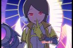  1girl arm_cannon black_border black_hair border brown_hair finger_to_mouth galeem gloves glowing glowing_eyes grin halo highres index_finger_raised jacket long_hair looking_at_viewer mii_(nintendo) mii_gunner mii_gunner_(smash_ultimate) miifighterss2 mind_control possessed red_eyes shushing smile solo super_smash_bros. swept_bangs twitter_username upper_body weapon wings yellow_gloves 