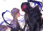  armor berserker_(fate/zero) black_armor cape check_commentary commentary commentary_request fate/grand_order fate/zero fate_(series) father_and_son galahad_(fate) grand_dobu hand_on_another's_chest helmet knight lavender_hair long_hair looking_at_another multiple_boys purple_hair 