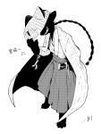  1boy absurdres animal_feet animal_hands body_fur braid braided_ponytail cat_boy claws coat coat_on_shoulders cocri commentary_request full_body furry furry_male greyscale grin hakama hakama_pants haori hat hat_tip highres japanese_clothes katana kimono long_hair low_ponytail male_focus monochrome original pants ponytail roku_(cocri) sharp_teeth sheath sheathed simple_background smile solo standing straw_hat sword teeth translation_request very_long_hair weapon white_background 