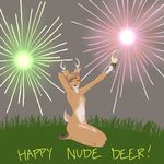  alcohol antlers beverage blush brown_eyes butt cervine deer fireworks foxtrap girly holding_(disambiguation) holidays horn humor looking_at_viewer male mammal new_year nipples one_eye_closed outside penis pun sitting wink 