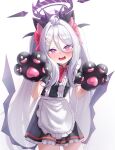  1girl absurdres ahoge apron blue_archive blush ce_cil commentary_request demon_girl demon_horns demon_wings halo highres hina_(blue_archive) horns korean_commentary long_hair looking_at_viewer low_wings maid maid_apron open_mouth purple_eyes purple_halo solo standing very_long_hair white_hair wings 