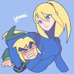  1boy 1girl blonde_hair blue_background blue_bodysuit blue_eyes bodysuit breasts commentary_request cropped_torso hair_between_eyes hat link long_hair metroid mole mole_under_mouth parted_lips ponytail samus_aran simple_background super_smash_bros. the_legend_of_zelda the_legend_of_zelda:_the_wind_waker thick_eyebrows toon_link yasaikakiage zero_suit 