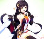  ara_han bare_shoulders black_gloves black_hair breasts elsword gloves large_breasts long_hair open_mouth single_thighhigh smile solo sylpi tears thighhighs white_gloves yama_raja_(elsword) yellow_eyes 