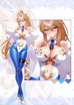  1girl absurdres animal_ears artoria_pendragon_(fate) artoria_pendragon_(lancer)_(fate) artoria_pendragon_(swimsuit_ruler)_(fate) bare_shoulders blonde_hair blue_necktie blue_pantyhose blush breasts cleavage clothing_cutout commentary_request detached_collar fake_animal_ears fate/grand_order fate_(series) feather_boa fishnet_pantyhose fishnets green_eyes high_ponytail highleg highleg_leotard highres kurozawa_yui large_breasts leotard long_hair looking_at_viewer navel navel_cutout necktie pantyhose playboy_bunny ponytail rabbit_ears sidelocks smile tiara very_long_hair white_leotard wrist_cuffs zoom_layer 