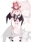  1girl 82jhin absurdres alternate_costume aru_(blue_archive) bare_shoulders black_choker black_leotard black_shoes black_wings blue_archive blush breasts choker cleavage commentary four-finger_heart_hands full_body halo hands_up heart heart_hands heart_o-ring highleg highleg_leotard highres horns large_breasts leotard long_hair looking_at_viewer low_wings multiple_horns navel o-ring o-ring_thigh_strap open_mouth red_hair red_halo red_horns shoes solo standing strapless strapless_leotard tail tail_around_own_leg thigh_strap untranslatable_commentary very_long_hair white_background wings zoom_layer 