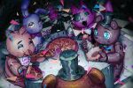  adversarial_noise animal_ears animatronic beak bear_ears black_hat blue_eyes bonnie_(fnaf) cake candle checkered_floor chica closed_eyes commentary confetti eating eyepatch five_nights_at_freddy's five_nights_at_freddy's_1 five_nights_at_freddy's_2 food fox_ears foxy_(fnaf) freddy_fazbear golden_freddy hat highres holding holding_unworn_clothes holding_unworn_hat hook_hand layer_cake party_hat pizza rabbit_ears red_eyes sitting string_of_flags table the_puppet_(fnaf) unworn_hat unworn_headwear yu_(user_yubyul) 
