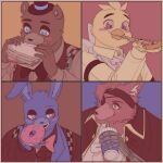  1girl 3boys absurdres beak bear_boy bird_girl black_bow black_bowtie black_hat black_headband black_jacket blue_fur bonnie_(fnaf) bow bowtie brown_fur chica collared_shirt commentary cup donut drink drinking eating english_commentary eyepatch five_nights_at_freddy's five_nights_at_freddy's_1 food fox_boy foxy_(fnaf) freddy_fazbear furry furry_female furry_male hat headband highres holding holding_cup holding_donut holding_drink holding_food holding_pizza holding_sandwich jacket multiple_boys pizza rabbit_boy red_fur sandwich shirt yellow_fur yellow_shirt yu_(user_yubyul) 