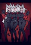  3girls animal_ears arm_garter black_gloves black_tail black_vest breasts cerberus_(helltaker) clone_harem demon_girl demon_tail dog_ears dog_girl fang gloves helltaker highres horns long_hair looking_at_viewer multiple_girls necktie open_mouth parallaxfused red_eyes red_shirt shared_sense shirt siblings smile tail triplets vanripper_(style) vest waistcoat white_hair white_horns 