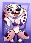 101_dalmatian_street 101_dalmatians 2025 abstract_background absurd_res aged_up anthro anthrofied bikini biped black_markings black_nose butt butt_from_the_front canid canine canis clothing collar colored crouching dalmatian dated disney dolly_(101_dalmatians) domestic_dog fangs female female_anthro floppy_ears fur geometric_background hi_res long_ears looking_at_viewer mammal markings navel open_mouth pattern_background pkbr4insh0ck_(artist) purple_bikini purple_bikini_bottom purple_bikini_top purple_clothing purple_swimwear shaded signature simple_background solo spots spotted_body spotted_fur swimwear tail teeth tongue tongue_out two-piece_swimsuit white_body white_fur year